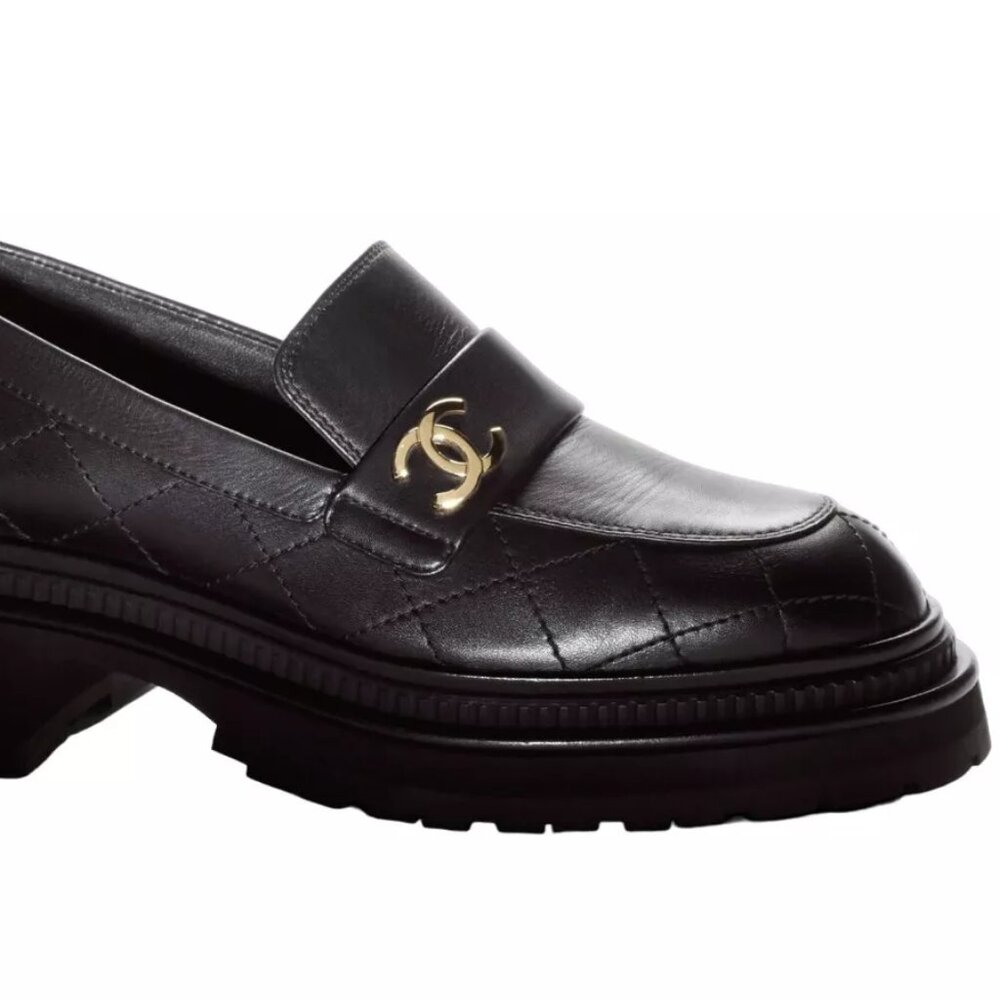 CHANEL 23A Black Calfskin Leather Quilted CC Gold Logo Flat Platform Loafer 37.5